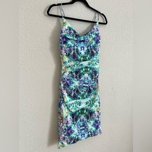 NICOLE MILLER Purple Green Floral Ruche Bodycon Dress sz6
